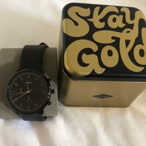 EUC Men’s Fossil Watch in Brown Leather and Black Stainless Steel